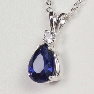 Beautiful 2.5ct Sapphire Necklace White Sapphire Accent Pendant 16” 18” Sterling Silver Bridal Jewelry Gift Mother Wife Fiancé Teardrop