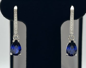 BEAUTIFUL 3.6ctw Blue Sapphire Sterling Silver Earrings Pear Cut Blue Sapphire Leverback Dangle Earrings Trending Jewelry Gift Bride Fiancé