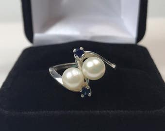 Double Pearls Ring Sapphire accents with Sizing June Birthstone Jewelry Gifts Pearl Sapphire