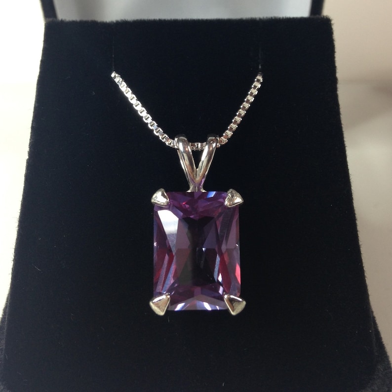 Gorgeous 13ct Emerald Cut Alexandrite Sterling Silver Solitaire Pendant Necklace Color Change Alexandrite Necklace large June Birthstone Gif