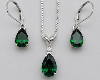Pear Cut Emerald Necklace Earrings Set, White Sapphire Accent, Sterling Silver Jewelry