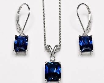 5.25ctw Emerald Cut Sapphire Earrings & Necklace Set Blue Sapphire Jewelry