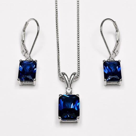 5.25ctw Emerald Cut Sapphire Earrings & Necklace Set Blue Sapphire Jewelry