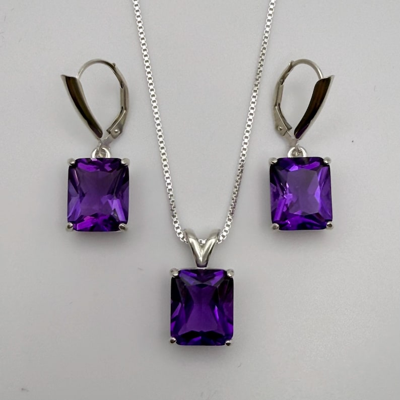 16.5ctw Emerald Cut Amethyst Earrings & Pendant Necklace Set February Birthstone Jewelry Gift image 6