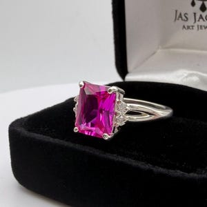 4.3ctw Emerald Cut Bright Pink Sapphire Ring Sizing Pink Tourmaline Simulate