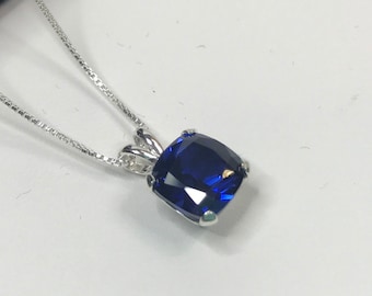 2.5ct Cushion Cut Sapphire Necklace Solitaire Pendant Necklace Trending Fine Jewelry Gifts Mom Wife Fiance September Blue Sapphire 18"
