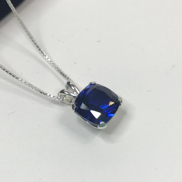 2.5ct Cushion Cut Sapphire Necklace Solitaire Pendant Necklace Trending Fine Jewelry Gifts Mom Wife Fiance September Blue Sapphire 18"