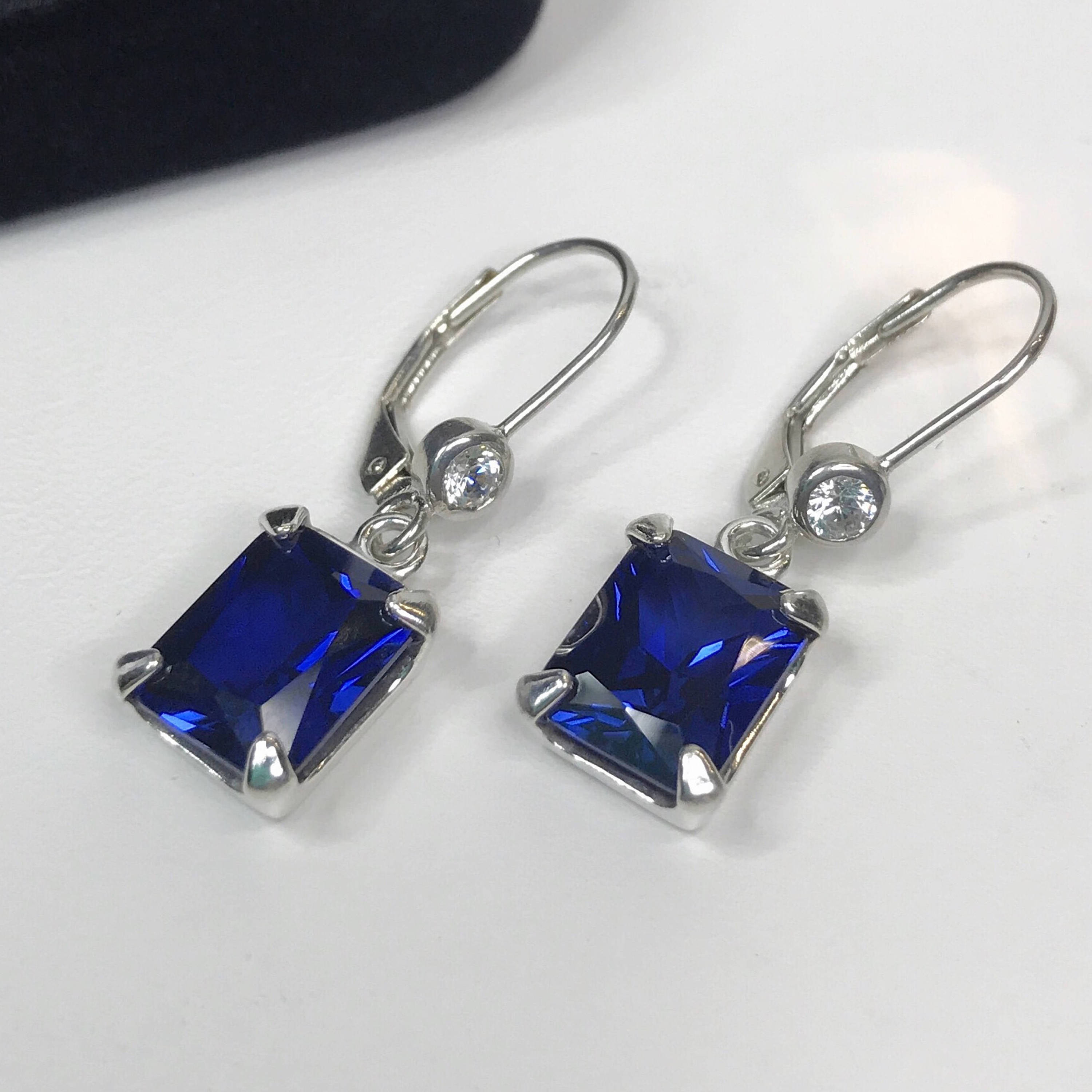 Beautiful Emerald Cut Sapphire Earrings Leverback Dangle Sterling