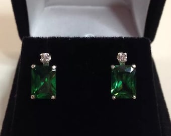 Beautiful 3ctw Emerald & White Sapphire Earrings Emerald Cut Emerald dangle earrings trending jewelry gifts Emerald earrings