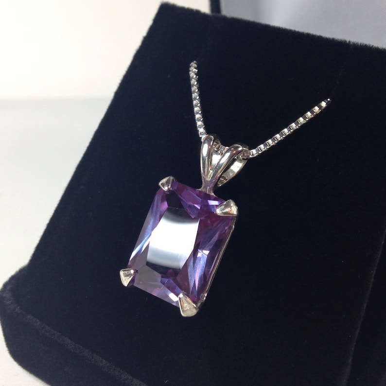 Gorgeous 13ct Emerald Cut Alexandrite Sterling Silver Solitaire Pendant Necklace Color Change Alexandrite Necklace large June Birthstone Gif