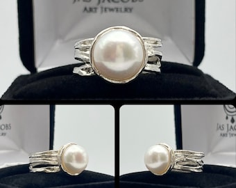 Abstract 10mm Pearl Ring Sterling Silver Size 7 Trending Jewelry Gifts June Mom Wife Fiancé Solitaire Pearl Wide Band