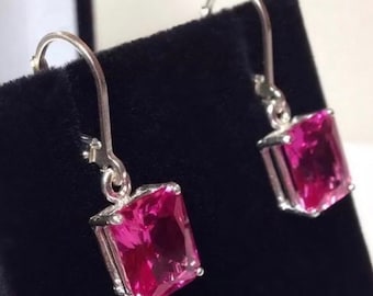 GORGEOUS 8ct Emerald Cut Pink Sapphire Earrings Sterling Silver Drop Dangle Leverback Trending Jewelry Gift Mom Fiancé Bride Wife Pink Stone