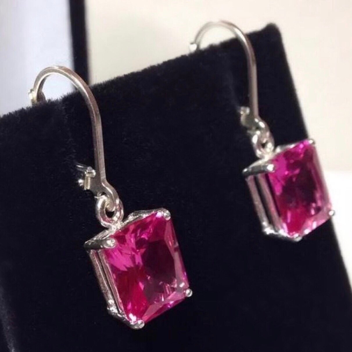 GORGEOUS 8ct Emerald Cut Pink Sapphire Earrings Sterling Silver