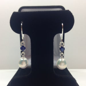 Genuine Pearls & Sapphire Earrings Sterling Silver Drop Dangle Leverback    Wedding June September Pearl Jewelry Gift