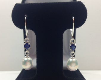 Genuine Pearls & Sapphire Earrings Sterling Silver Drop Dangle Leverback Bride Mom Fiancé Wedding June September Pearl Jewelry Gift