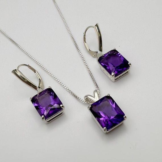 16.5ctw Emerald Cut Amethyst Earrings & Pendant Necklace Set February Birthstone Jewelry Gift