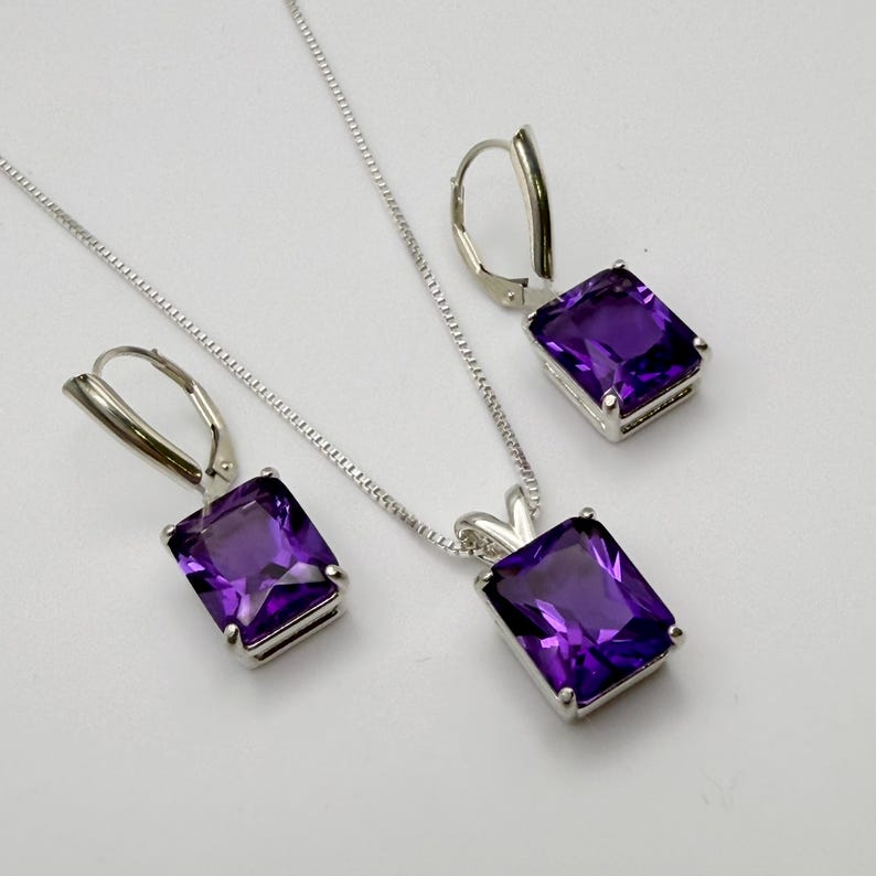 16.5ctw Emerald Cut Amethyst Earrings & Pendant Necklace Set February Birthstone Jewelry Gift image 1