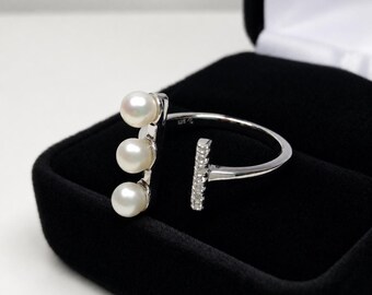 Sterling Silver Pearl Ring with Cubic Zirconia | Adjustable Minimalist Bridal Jewelry