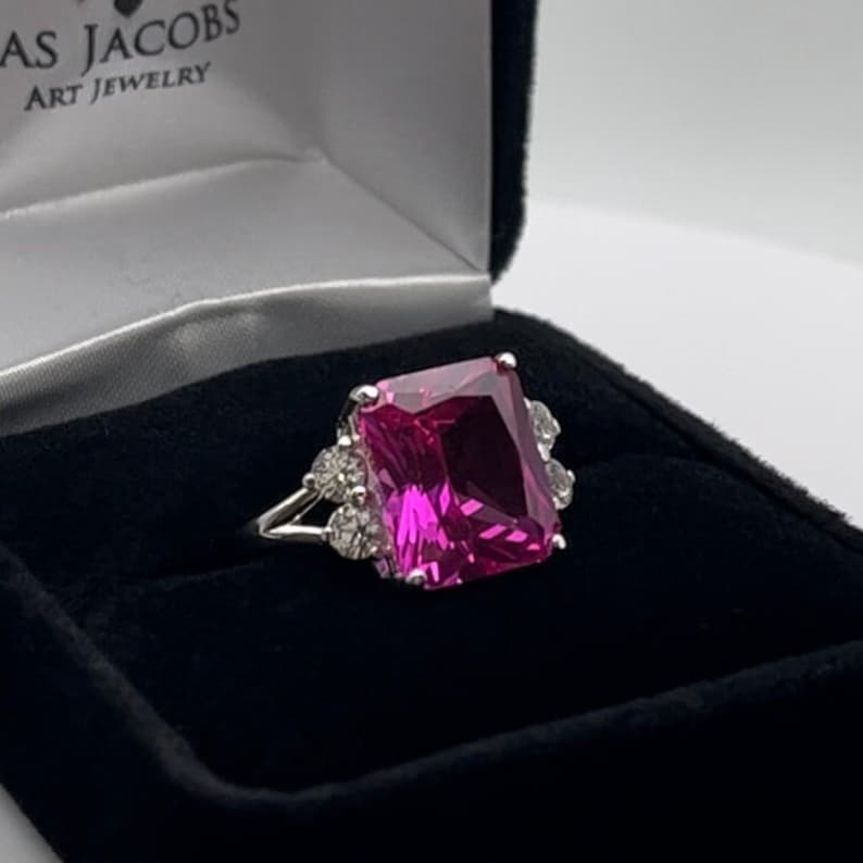 Gorgeous 6ct Emerald Cut Bright Pink Sapphire Ring with White Sapphire Accents Size 6 7 8 9 10 Jewelry Trends Mom Bride Wife Fiance Gift wi image 1