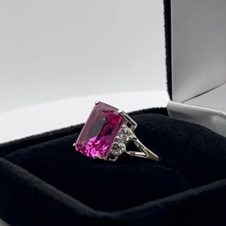 Gorgeous 6ct Emerald Cut Bright Pink Sapphire Ring with White Sapphire Accents Size 6 7 8 9 10 Jewelry Trends Mom Bride Wife Fiance Gift wi image 2