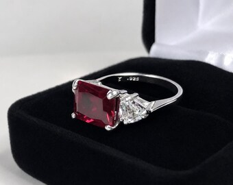 Ruby & White Sapphire Three Stone Ring | Emerald Cut Ruby Ring with Trillion Accents | Heirloom Quality Jewelry Gift | July Birthstone Ring