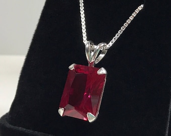 Beautiful 13ct Emerald Cut Ruby Sterling Silver Pendant Necklace Solitaire Jewelry Trends and Trending Gemstones July Gift Lab