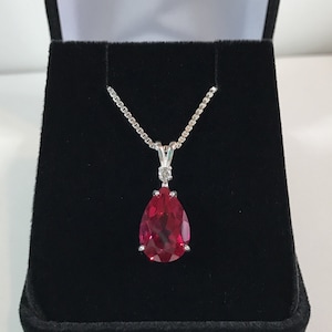 Beautiful 4.5ct Ruby & White Sapphire Sterling Silver Pendant Necklace Pear Cut Ruby Necklace teardrop July Gift Mom Fiancé ladies jewelry