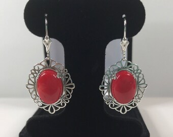 Beautiful 10ct Genuine Red Coral Earrings Sterling Silver Trending Jewelry Gift Floral Filigree Sea Coral Earrings