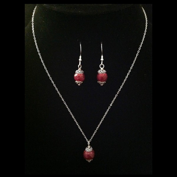 BEAUTIFUL Genuine Ruby and 925 Sterling Silver Bali Necklace & Earrings Set