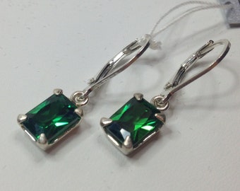 Beautiful 3ctw Emerald Cut Emerald Earrings Leverback Sterling Silver dangle earrings trending jewelry gifts May Birthstone