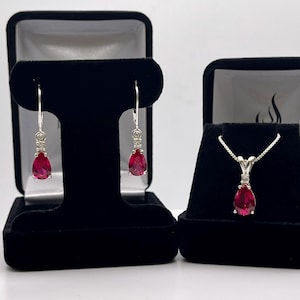 5.5ctw Pear Cut Ruby Necklace & Earrings Set Valentine Jewelry Gift July Birthstone