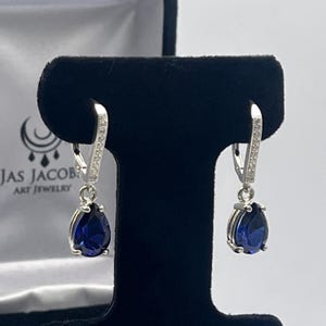 Beautiful 6cts Blue & White Sapphire Sterling Silver Leverback Earrings drop dangle Sapphire   Gift September  Lady  Jewel