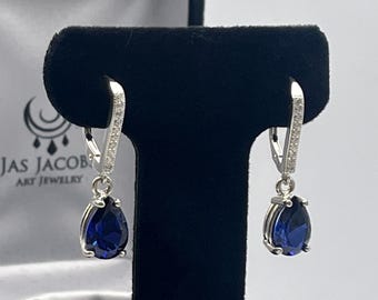 Beautiful 6cts Blue & White Sapphire Sterling Silver Leverback Earrings drop dangle Sapphire   Gift September  Lady  Jewel