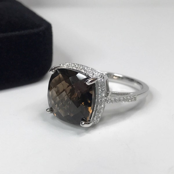 Gorgeous 8ct Genuine Smoky Quartz Ring White Sapphire Accents Size 6 7 8 Trending Jewelry Gift Mom Wife Smoky Topaz Ring Checker Cushion Cut