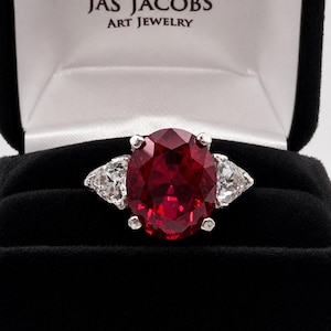 Oval Ruby Trillion Sapphire Sterling Silver Ring, Three Stone Design