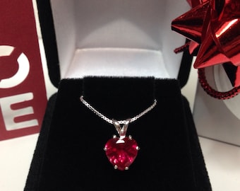 2ct Heart Cut Ruby Necklace, Sterling Silver Solitaire Pendant