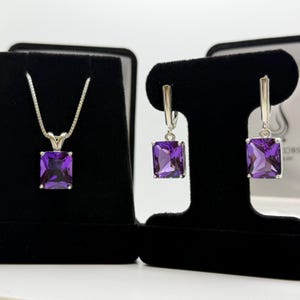 16.5ctw Emerald Cut Amethyst Earrings & Pendant Necklace Set February Birthstone Jewelry Gift image 2
