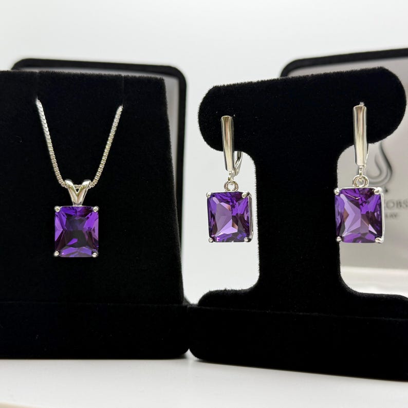 16.5ctw Emerald Cut Amethyst Earrings & Pendant Necklace Set February Birthstone Jewelry Gift image 2