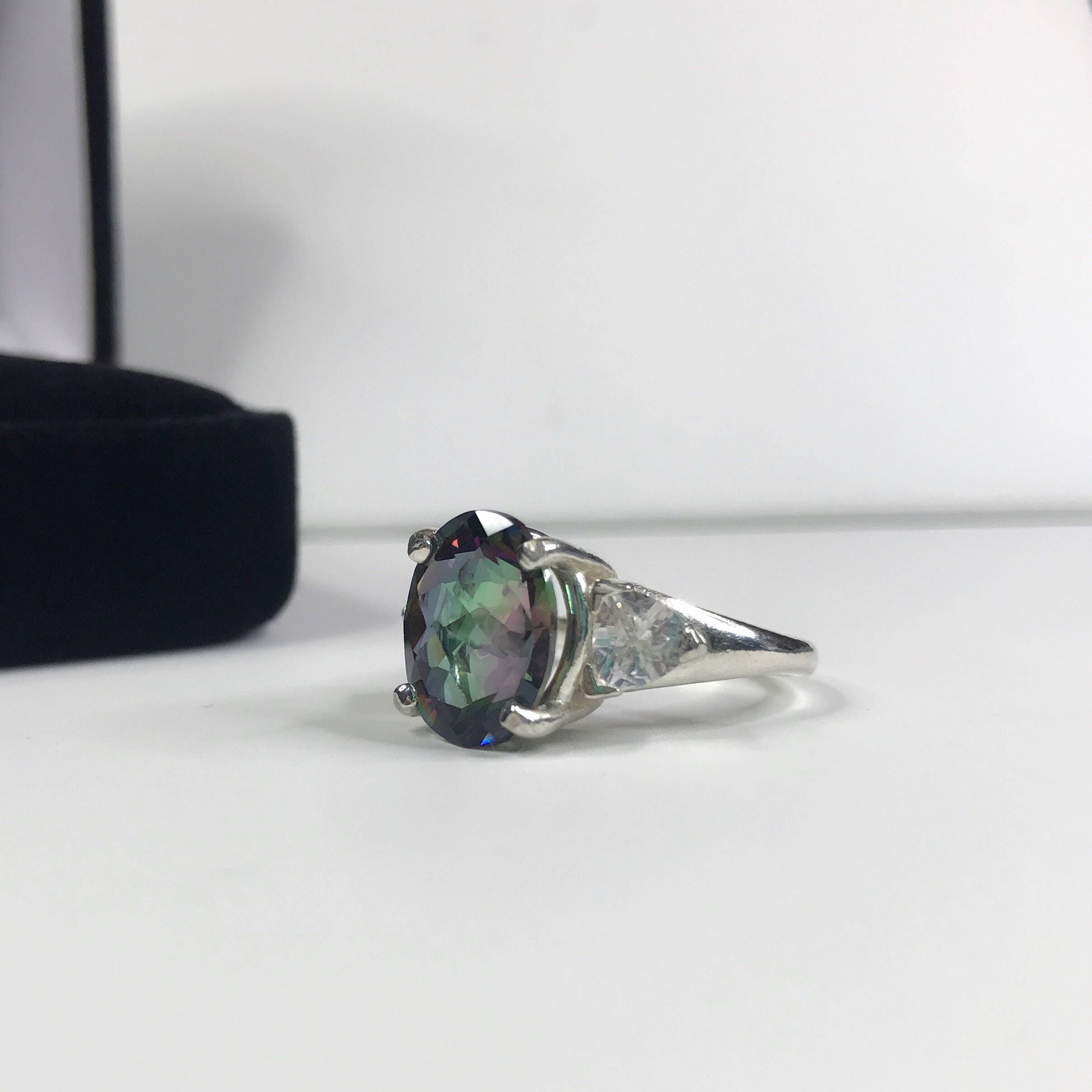 Anillo De Plata De Ley 925 Con Topacio Místico Ovalado Y Diamante CZ