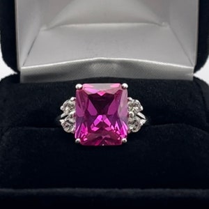 Gorgeous 6ct Emerald Cut Bright Pink Sapphire Ring with White Sapphire Accents Size 6 7 8 9 10 Jewelry Trends Mom Bride Wife Fiance Gift wi image 6