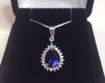 Beautiful 1.5ct Blue & White Sapphire Sterling Silver Pendant Necklace Pear Cut Sapphire with accents pendant