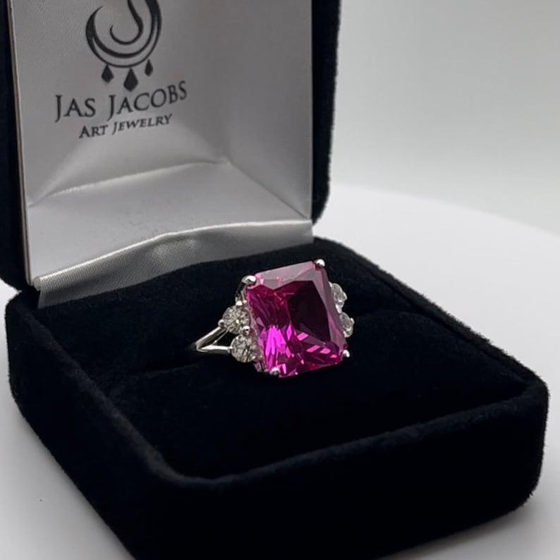 Gorgeous 6ct Emerald Cut Bright Pink Sapphire Ring with White Sapphire Accents Size 6 7 8 9 10 Jewelry Trends Mom Bride Wife Fiance Gift wi image 3