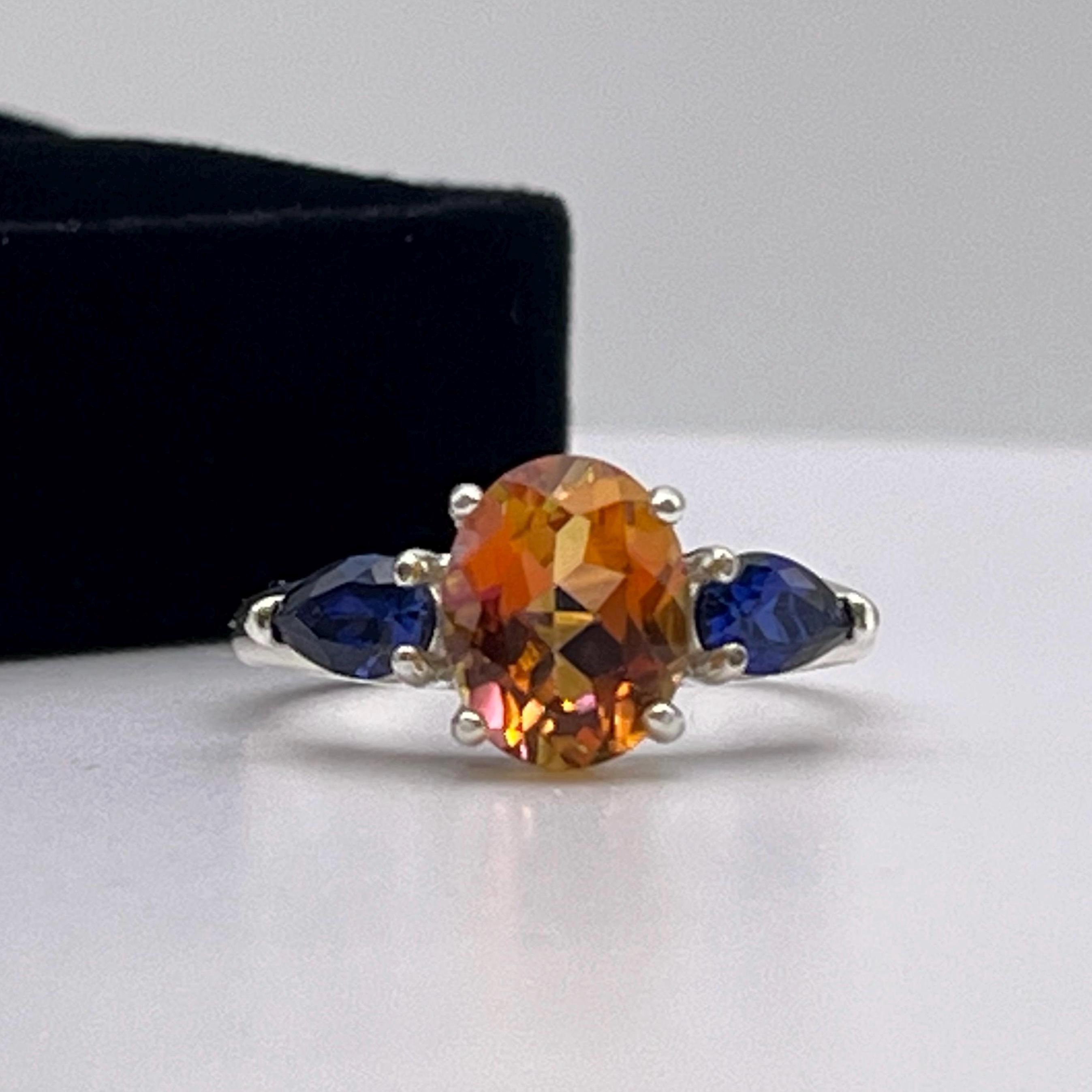 Gorgeous 4.6ctw Sunset Topaz Ring Pear Cut Blue Sapphire Accents Trending Jewelry Gift Holiday Jewelry Sunrise Topaz Ring Sapphires