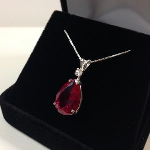 Beautiful 7.5ct Ruby & White Sapphire Sterling Silver Pendant Necklace Pear Cut Ruby Necklace teardrop July Gift   ladies jewelry