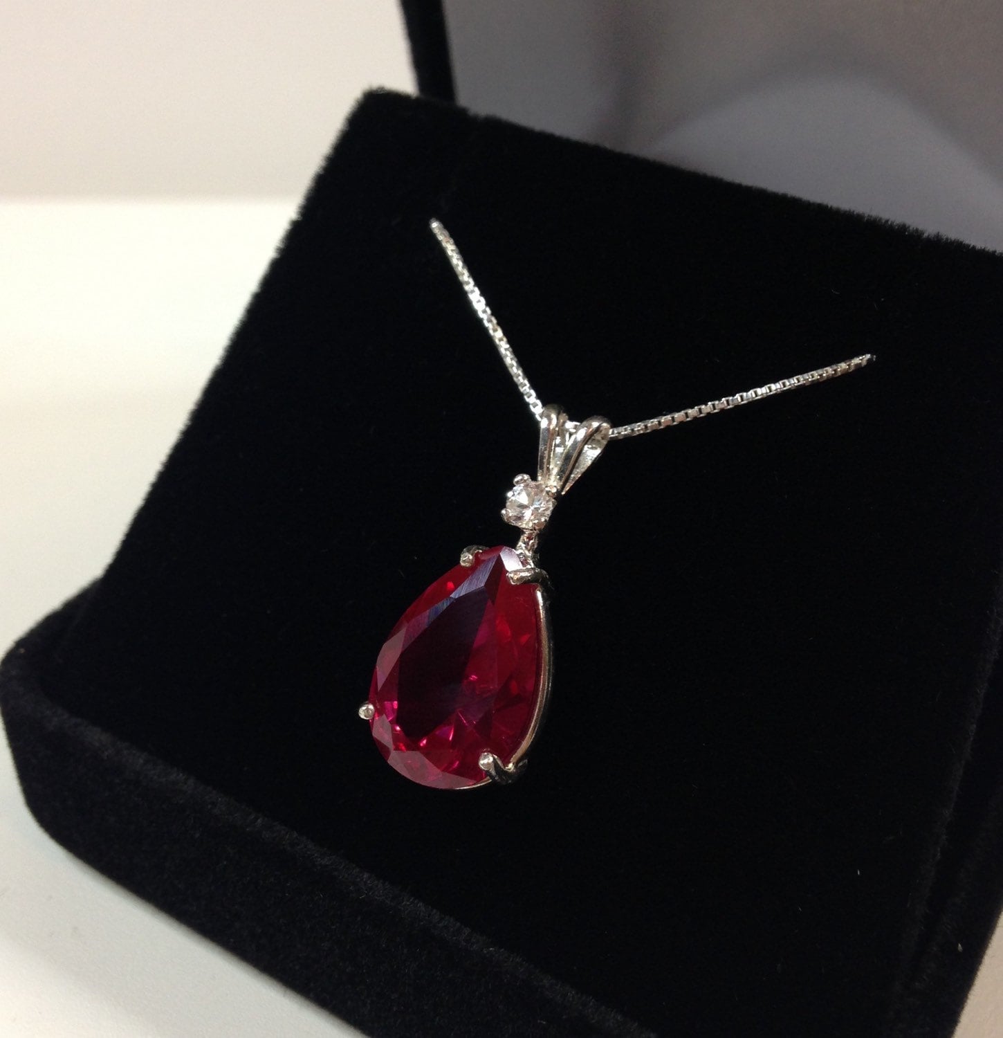 Beautiful 7.5ct Ruby & White Sapphire Sterling Silver Pendant Necklace Pear Cut Ruby Necklace teardrop July Gift   ladies jewelry