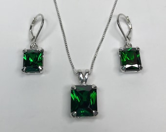 Gorgeous 13ctw Emerald Cut Emerald Pendant Necklace and Earring Set Fine Jewelry Gift Mom Wife Sister Holiday May Birthstone Emerald Earring