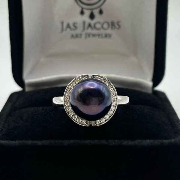 GORGEOUS 10mm Black Pearl Ring Cubic Zirconia Sterling Silver Size 7 Trending Jewelry Gifts June Birthstone Mom Wife Fiancé Bride