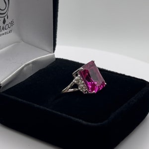 Gorgeous 6ct Emerald Cut Bright Pink Sapphire Ring with White Sapphire Accents Size 6 7 8 9 10 Jewelry Trends Mom Bride Wife Fiance Gift wi image 4