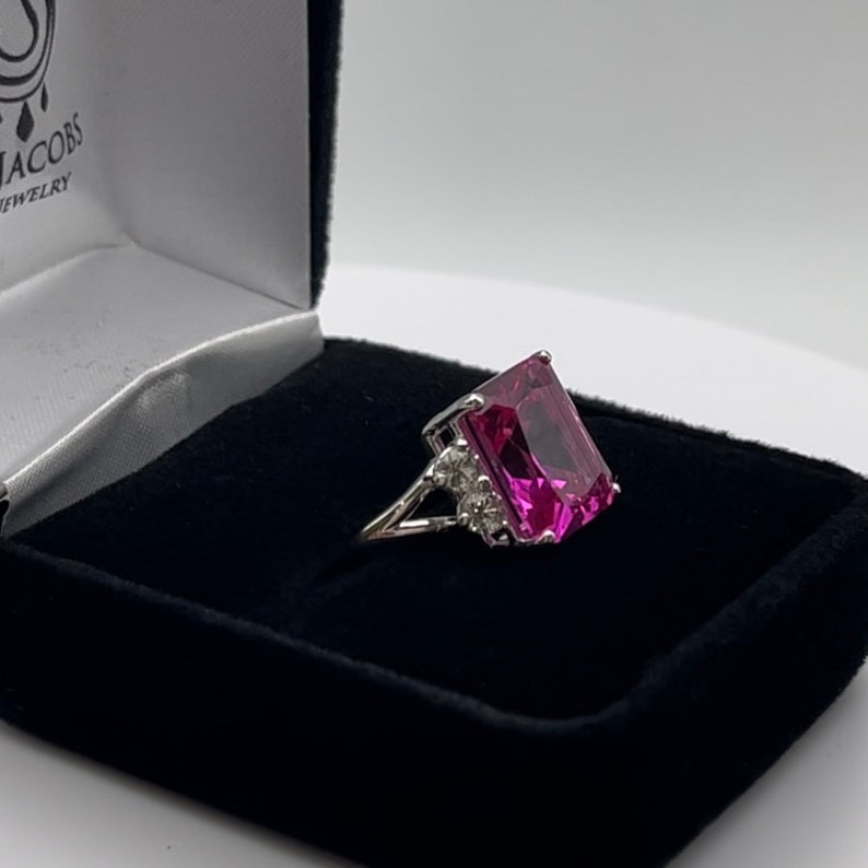 Gorgeous 6ct Emerald Cut Bright Pink Sapphire Ring with White Sapphire Accents Size 6 7 8 9 10 Jewelry Trends Mom Bride Wife Fiance Gift wi image 4