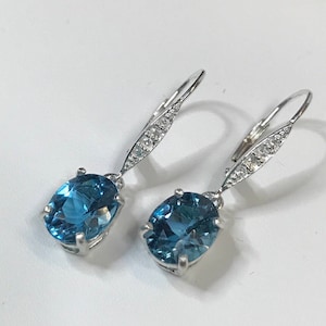 BEAUTIFUL 6ctw London Blue Topaz & White Topaz Sterling Silver Leverback Earrings Trending Jewelry Gift December Mom Wife Sister Fiancé